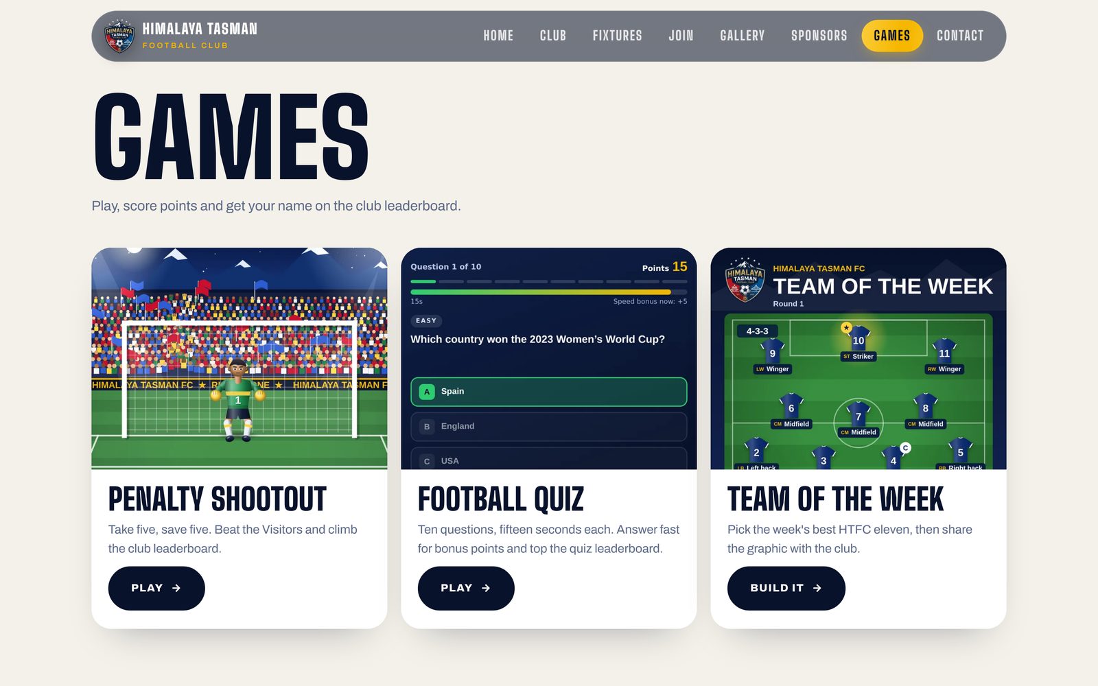 Himalaya Tasman FC games page with Penalty Shootout, Football Quiz and Team of the Week